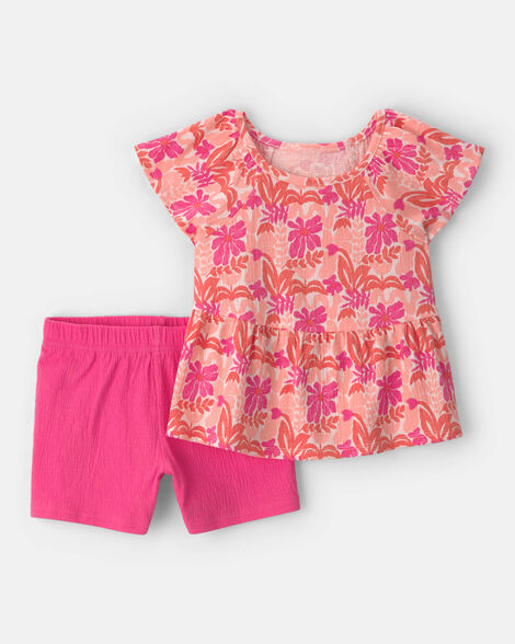 girls tropical short-sleeve top & short set - pink