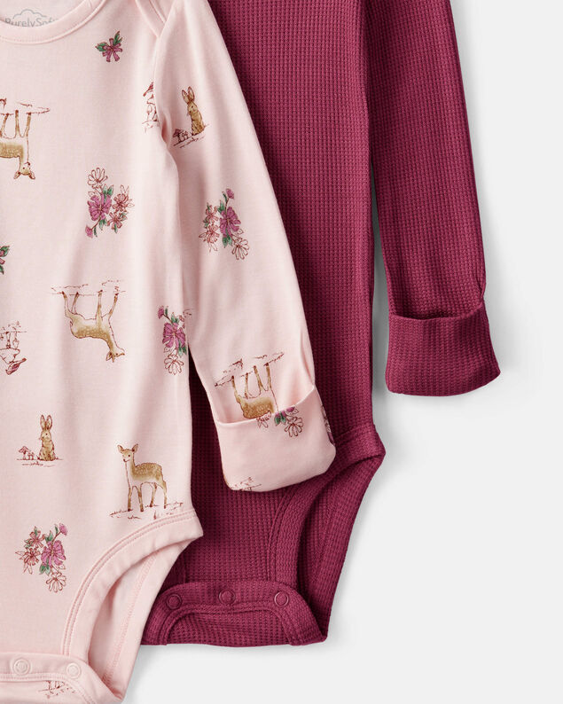 Product image 2 of Baby Girl 2-Pack Deer & Floral Print PurelySoft Long-Sleeve Multipack Bodysuits - Burgundy/Pink
