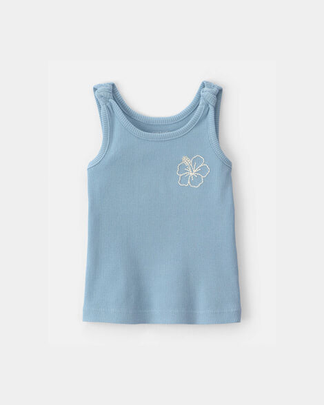 baby girl flower ribbed tank top - blue