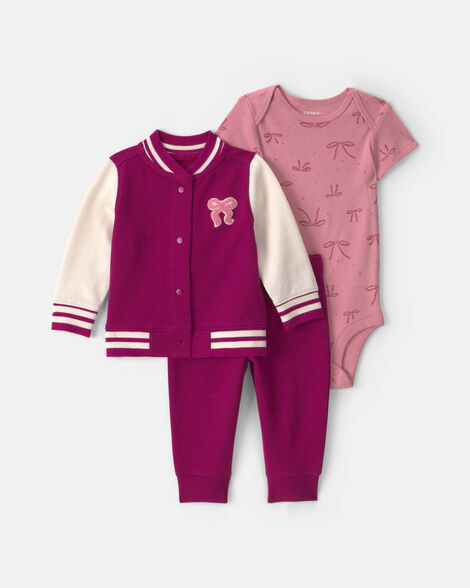 baby girl 3-piece bow french terry layering set - pink