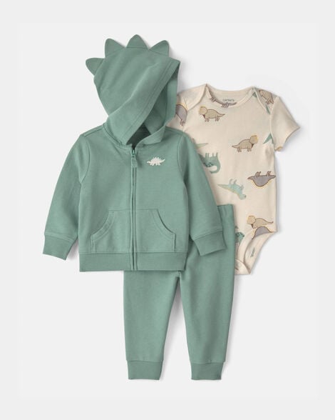 baby boy 3-piece dinosaur french terry layering set - green/ivory