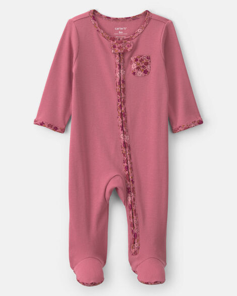 baby girl floral cotton 2-way zip sleep & play pajamas - pink