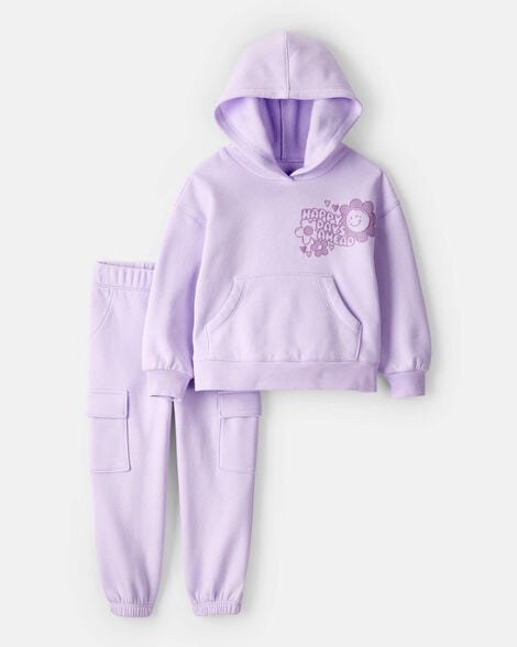toddler girl 2-piece daydream fleece flower graphic long-sleeve hoodie & pant set - purple