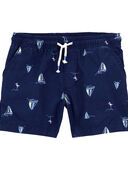 Navy - Toddler Sailboat Pull-On Linen Shorts, Selected