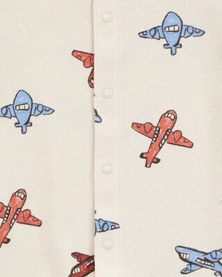Product image 2 of Baby Airplane-Print Ribbed Short-Sleeve Romper - Cream