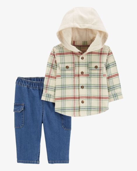 Product image 1 of Baby 2-Piece Plaid Hooded Shirt & Pull-On Pant Set