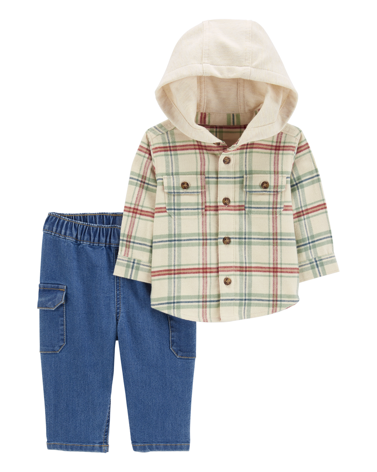 Baby 2-Piece Plaid Hooded Shirt & Pull-On Pant Set
