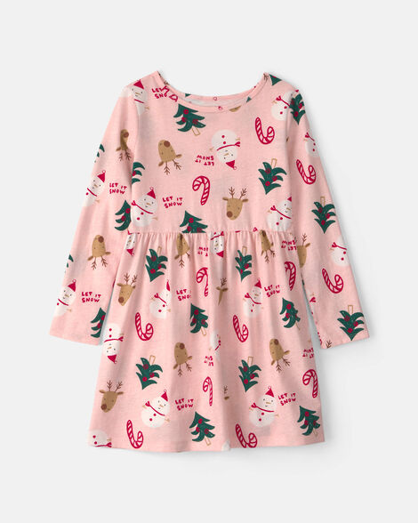 girls christmas long-sleeve dress - pink