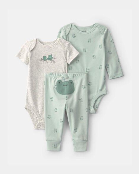 baby 3-piece frog bodysuit & pant set - green/grey