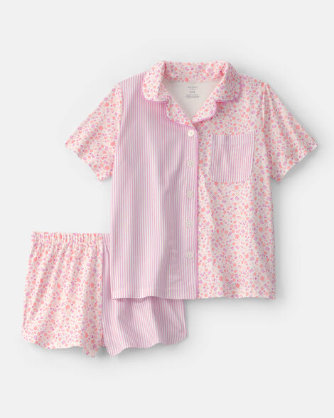 girls floral stripe short-sleeve loose fit 2-piece pajama set - pink