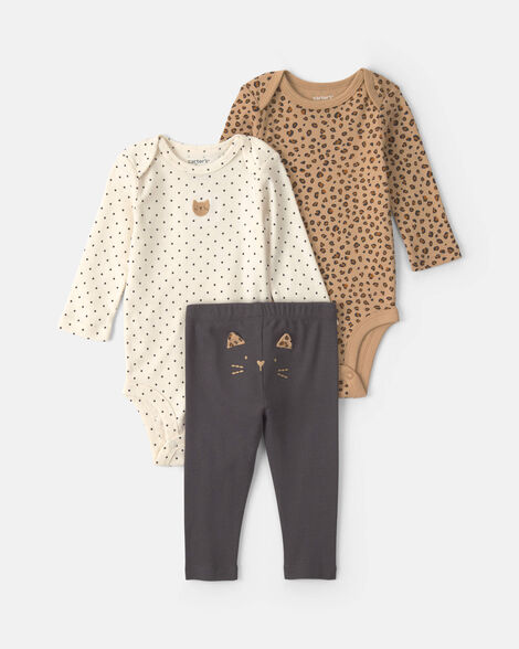 baby girl 3-piece leopard long-sleeve bodysuit & pant set - brown/cream/black