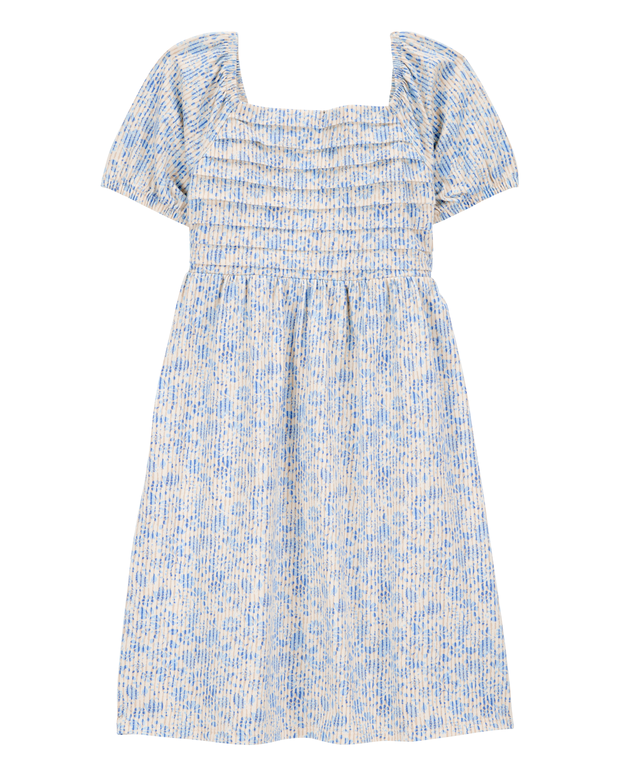 Kid Smocked Floral Print Dress - Blue