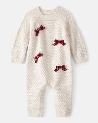 Baby Girl Bow Floral Print 100% Cotton Sleep & Play Pajamas - White/Red