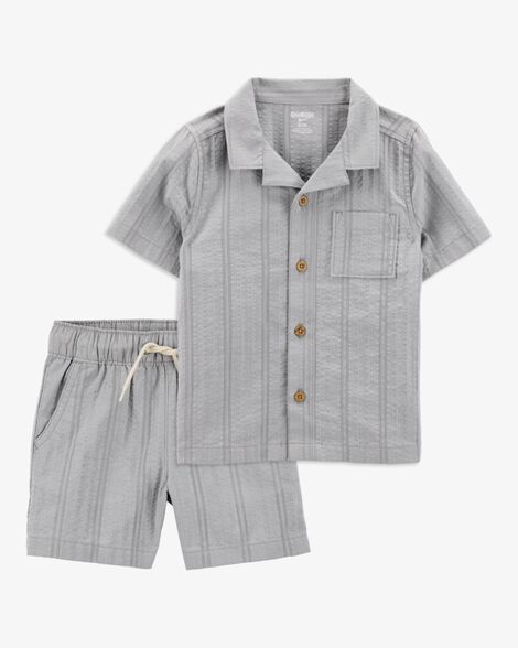 Product image 1 of Baby 2-Piece Seersucker Button-Down Shirt & Drawstring Shorts Set - Grey