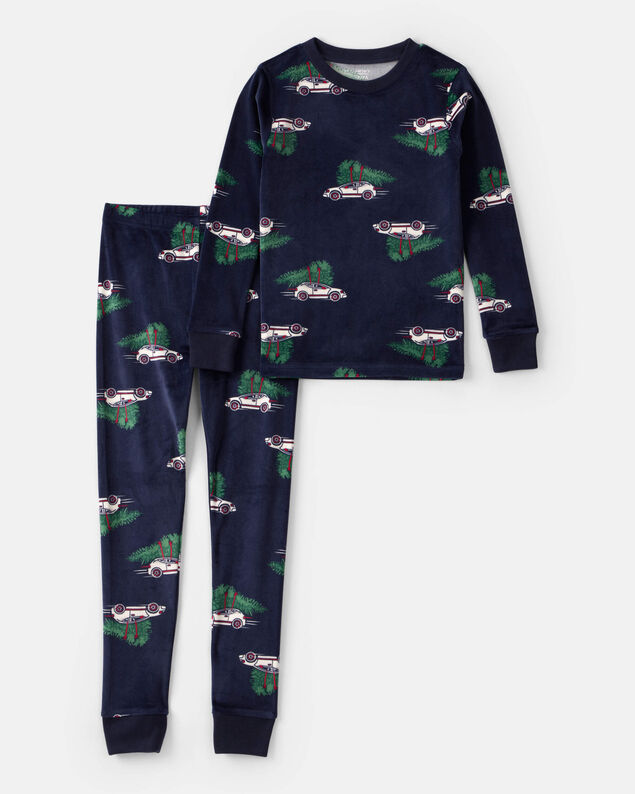 Product image 1 of Boys Car Print Velour Long-Sleeve Snug Fit 2-Piece Pajamas - Navy