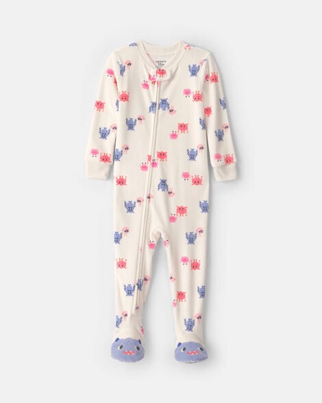 baby girl 1-piece monster 2-way zip dreamplush snug fit footed pajama - cream