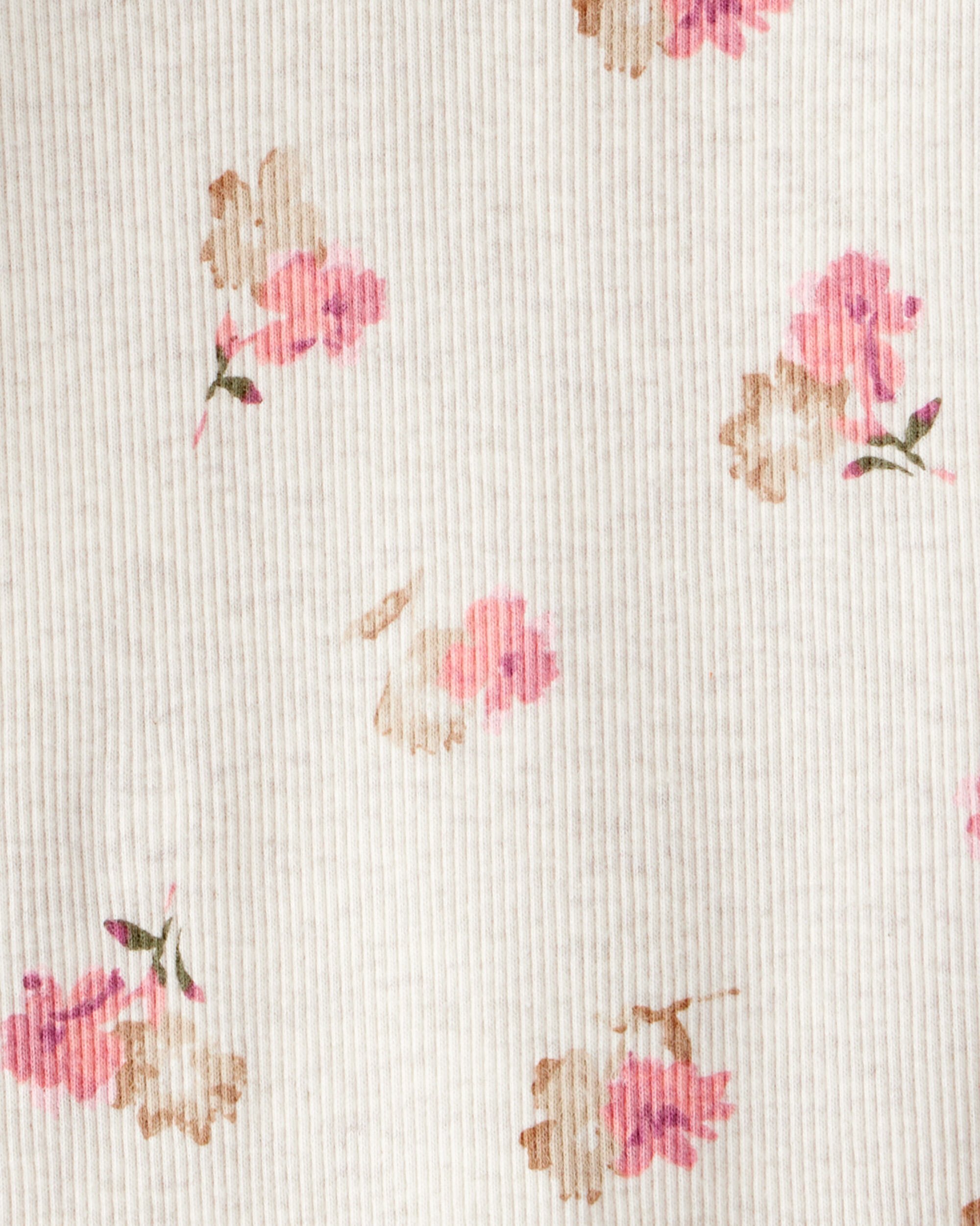 Baby Girl Floral Print Cotton Long-Sleeve Henley Top - Cream