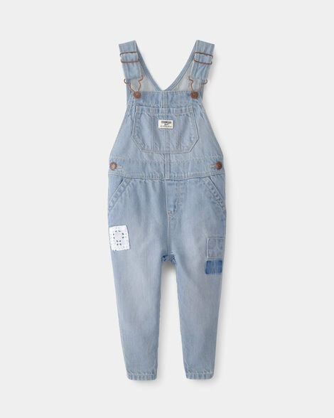 Baby Girl Denim Patch Overalls - Light Wash
