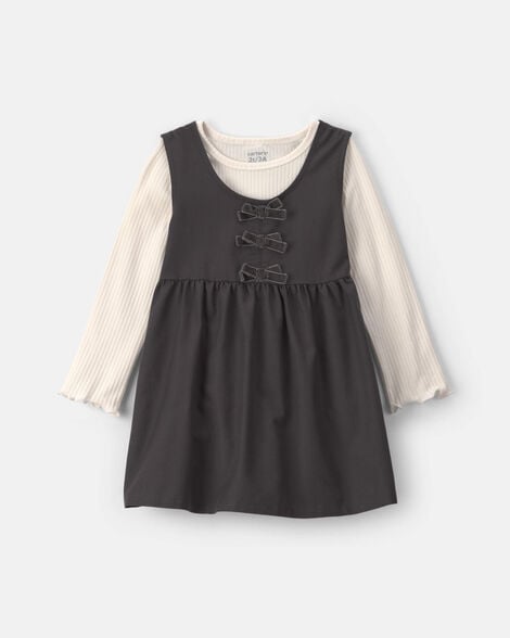 toddler girl 2-piece bow twill long-sleeve dress set - black/cream