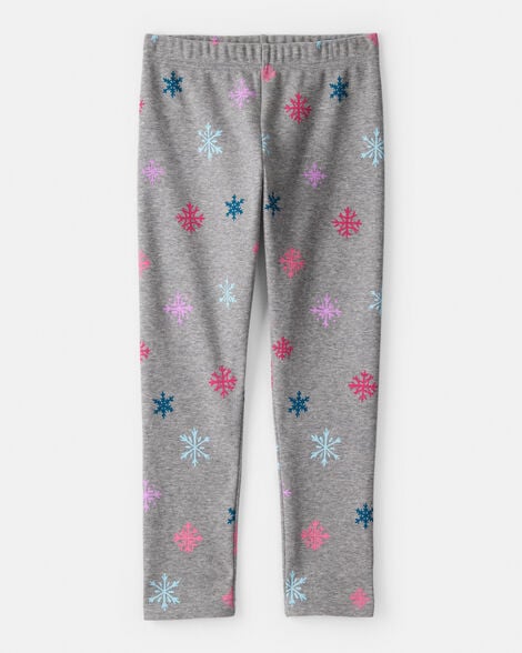 kid snowflake cozy fleece pull-on stretch leggings - grey