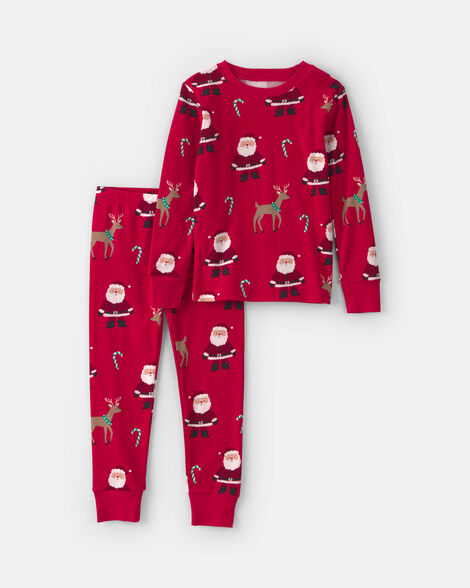 toddler 2-piece beige santa christmas 100% cotton snug fit pajama set - red