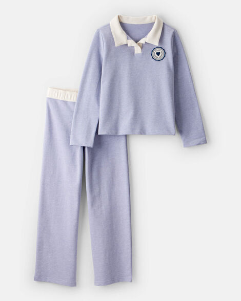 girls 2-piece french terry long-sleeve tee & pant set - blue