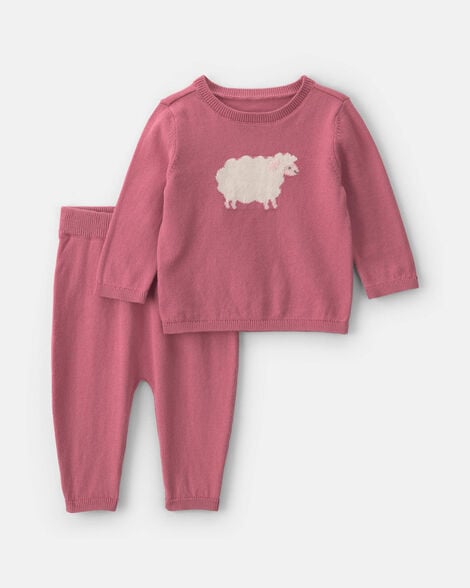 baby girl 2-piece sheep long-sleeve top & pant set - pink
