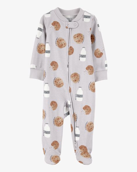 Grey baby footed pajamas with a milk and cookie pattern