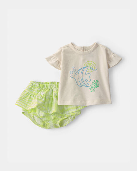 baby girl 2-piece fish top & short set - ivory/green