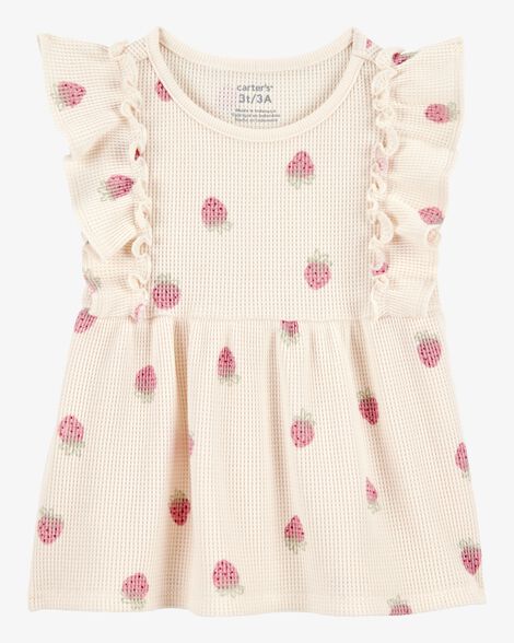Girls Strawberry Print Blouse – Cute Toddler Summer Top With Doll Collar & Long Sleeves