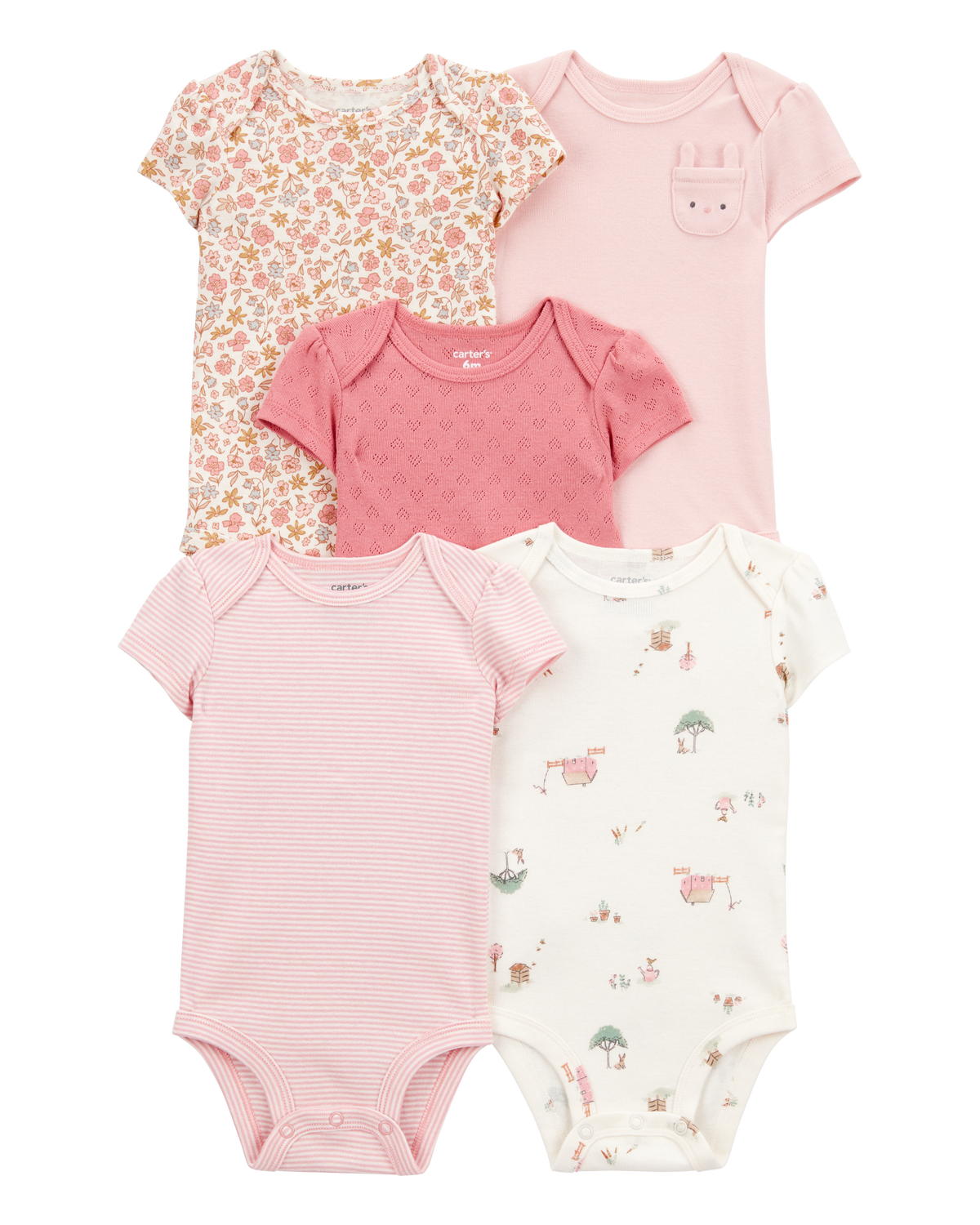 carter's Baby Girl 5-Pack Floral Bunny Short-Sleeve Cotton Bodysuits - Pink