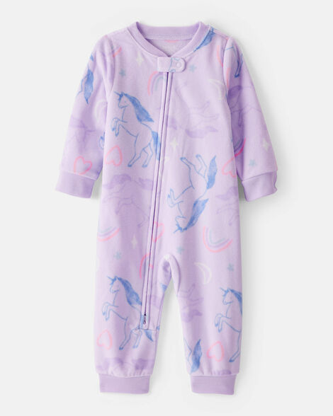 baby girl unicorn print loose fit long-sleeve 2-way zip 1-piece pajamas - purple