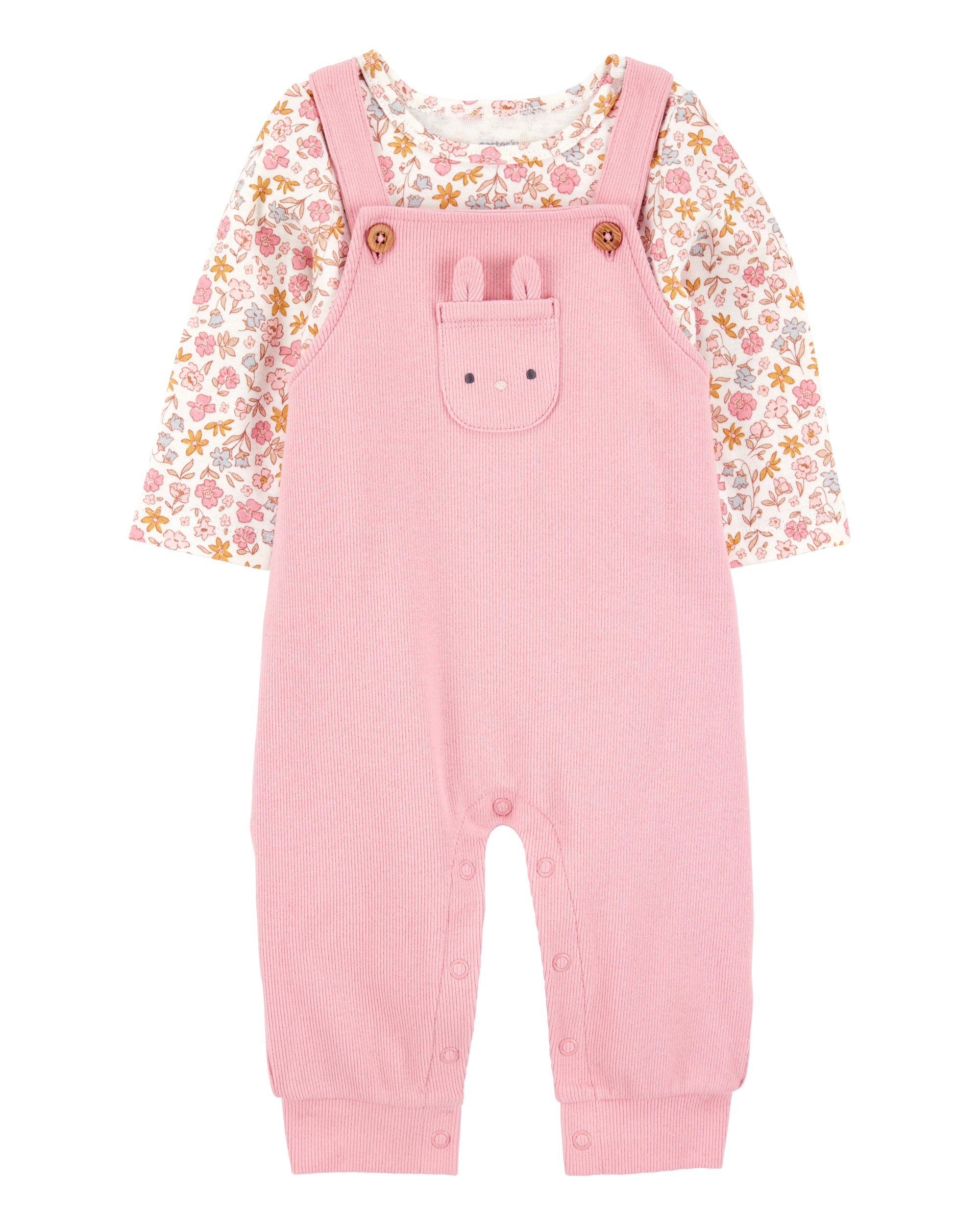 Baby 2-Piece Floral Bunny Long-Sleeve Tee & Coverall Set - Pink