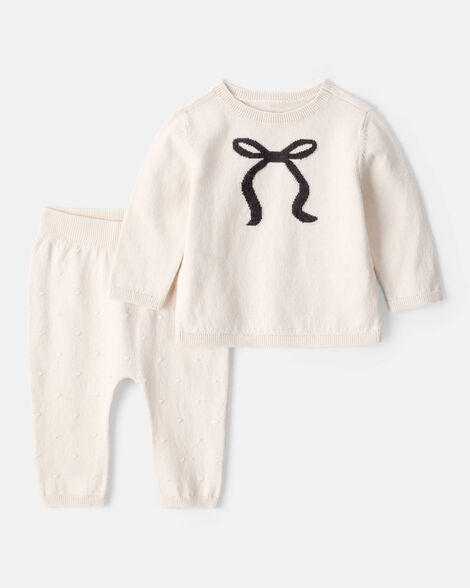 baby girl bow cotton long-sleeve sweater & pant set - ivory