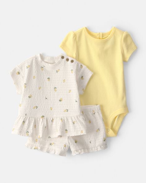 baby girl 3-piece lemon top, bodysuit & short set - yellow/ivory