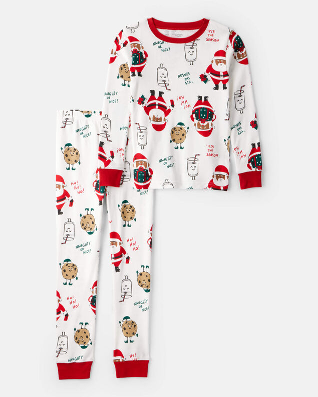 Product image 1 of Kid Brown Santa Milk & Cookies 100% Cotton Long-Sleeve Snug Fit 2-Piece Pajamas - White