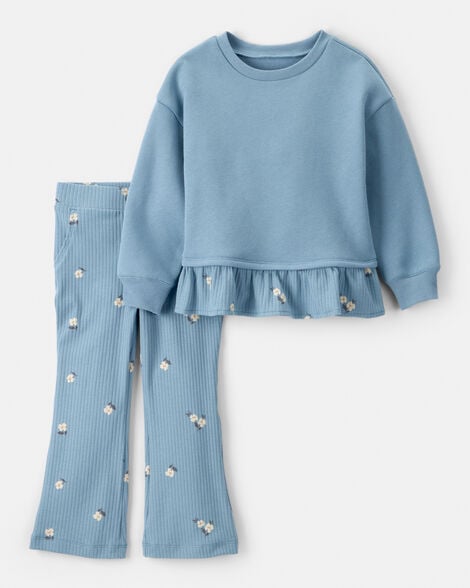 toddler girl 2-piece fleece floral top & pant set - blue