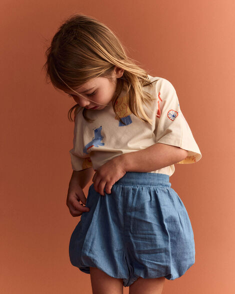 Toddler Girl Bubble Shorts in Chambray - Blue