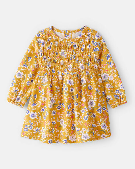 baby girl smocked floral long-sleeve dress - yellow