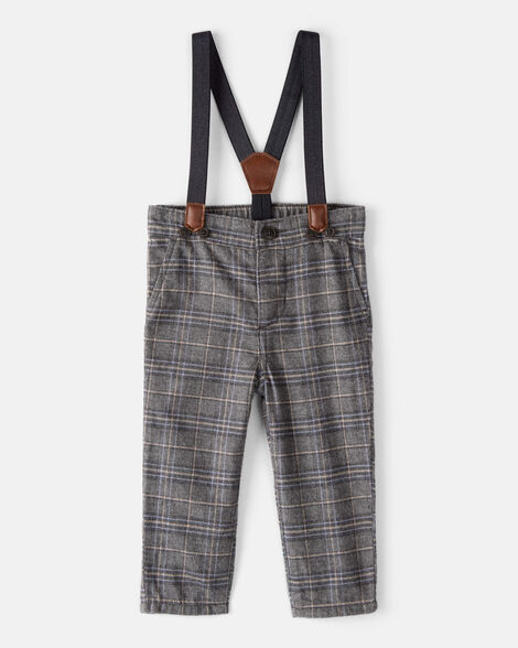 Baby Boy Plaid Cotton Pants With Suspenders - Grey