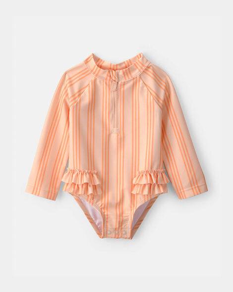 baby girl 1-piece striped long-sleeve rashguard swimsuit - orange