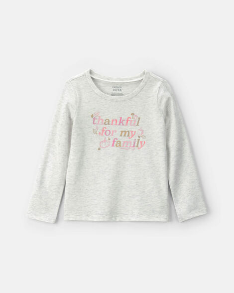 toddler girl 'thankful for my family' long-sleeve graphic tee - grey
