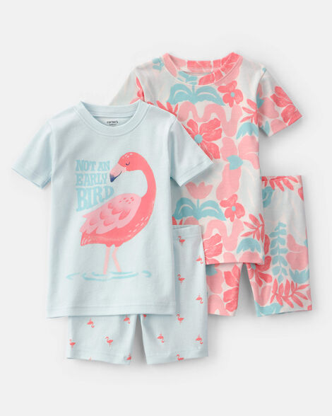 toddler girl flamingo 100% cotton short-sleeve snug fit 4-piece pajama set - pink/blue