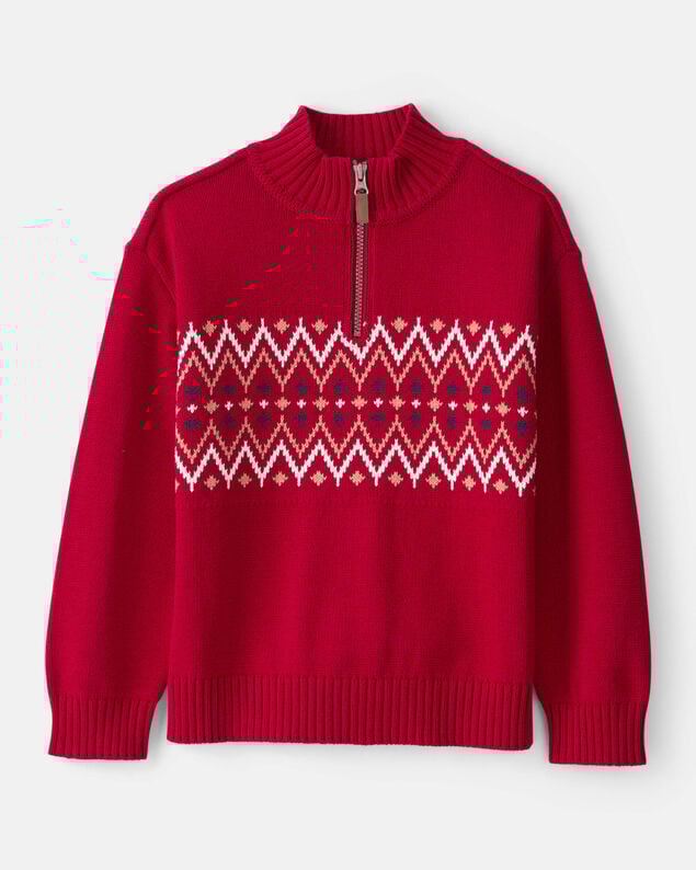 Product image 1 of Boys Fair Isle Cotton Quarter-Zip Long-Sleeve Sweater - Red