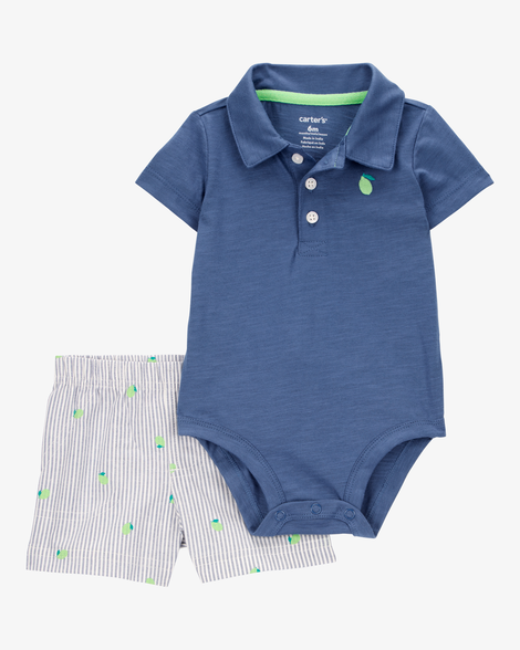 baby boy 2-piece polo bodysuit & striped short set - navy