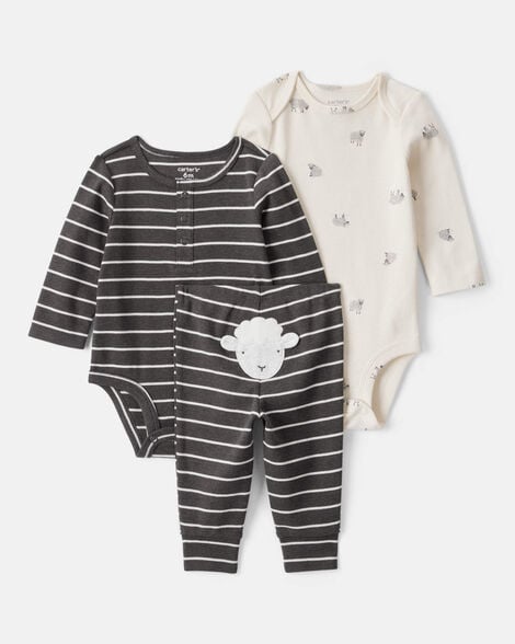 baby boy 3-piece striped sheep print long-sleeve bodysuits & pant set - white/black