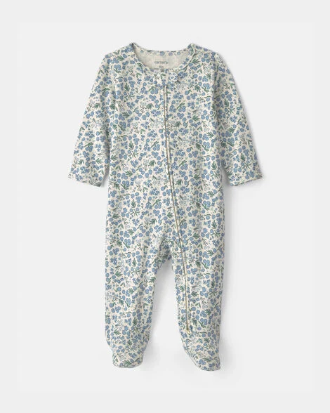 Image of Baby Girl Floral 100% Cotton 2-Way Zip Sleep & Play Pajamas - Blue/Ivory