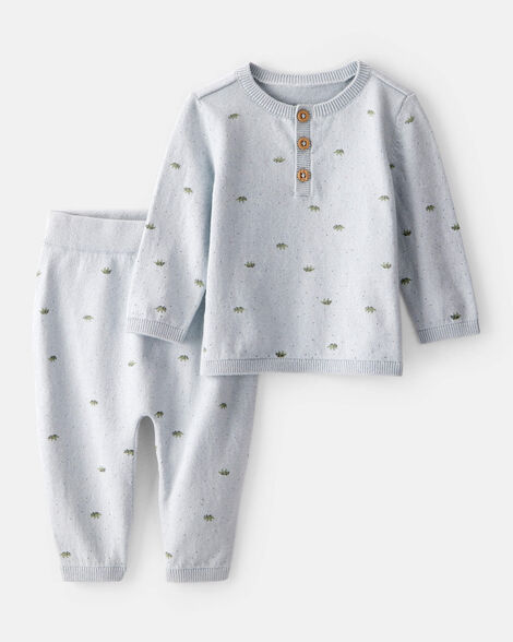 baby boy dinosaur print cotton long-sleeve tee & pant set - blue