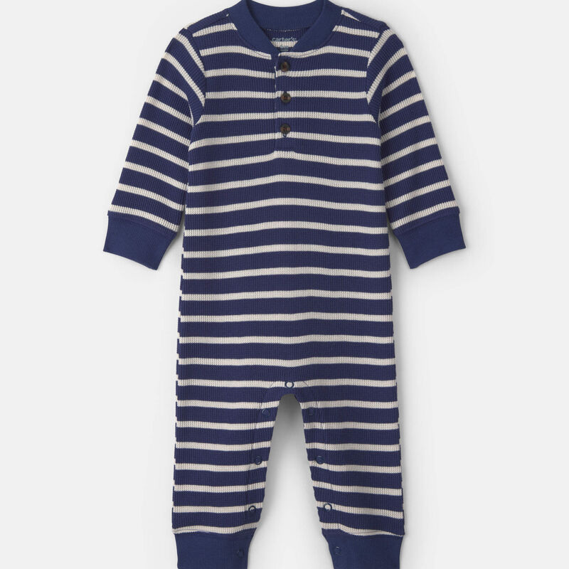 Baby Boy Striped Thermal Long-Sleeve Jumpsuit - Navy Blue