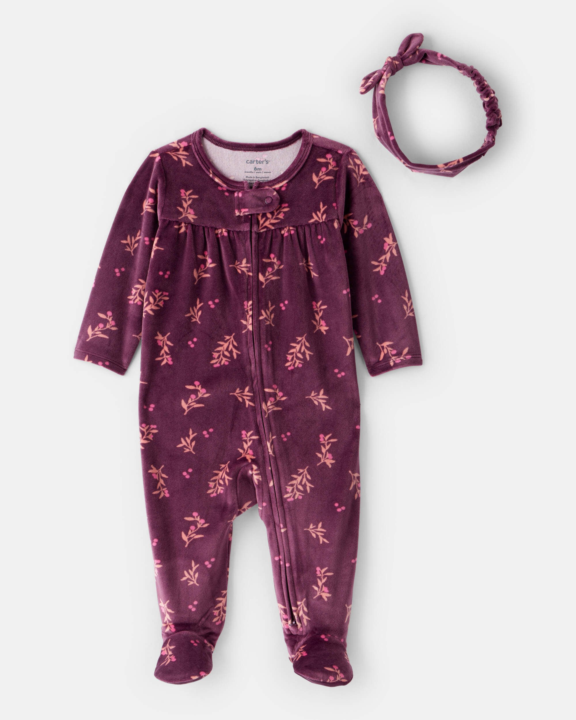 Baby Girl 2-Piece Floral Velour Long-Sleeve Snug Fit Sleep & Play Pajamas - Maroon